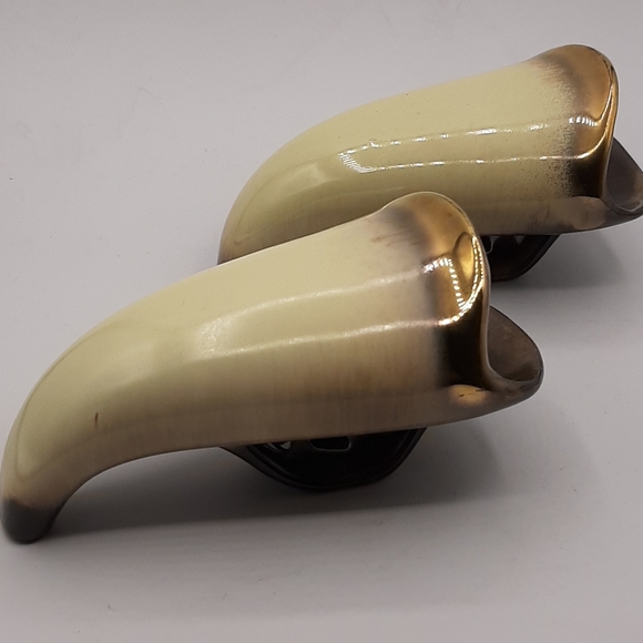 Pair of Vintage Handmade Unique Ceramic Horns on Stand Glazed Gold Trim - Picture 2 of 8
